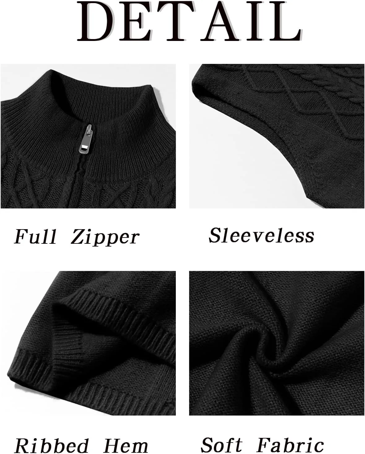 Runcati Mens Full Zip Sweater Vest Cable Knitted Cardigan Stand Collar Casual Sleeveless Sweaters