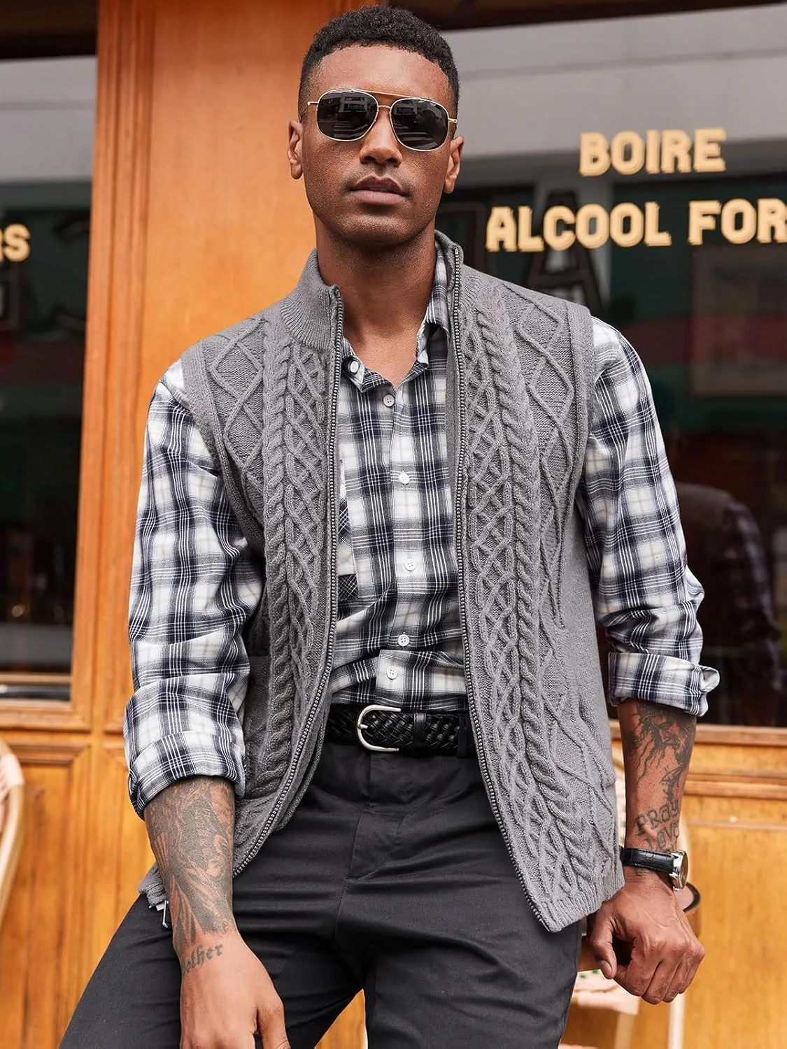 Runcati Mens Full Zip Sweater Vest Cable Knitted Cardigan Stand Collar Casual Sleeveless Sweaters