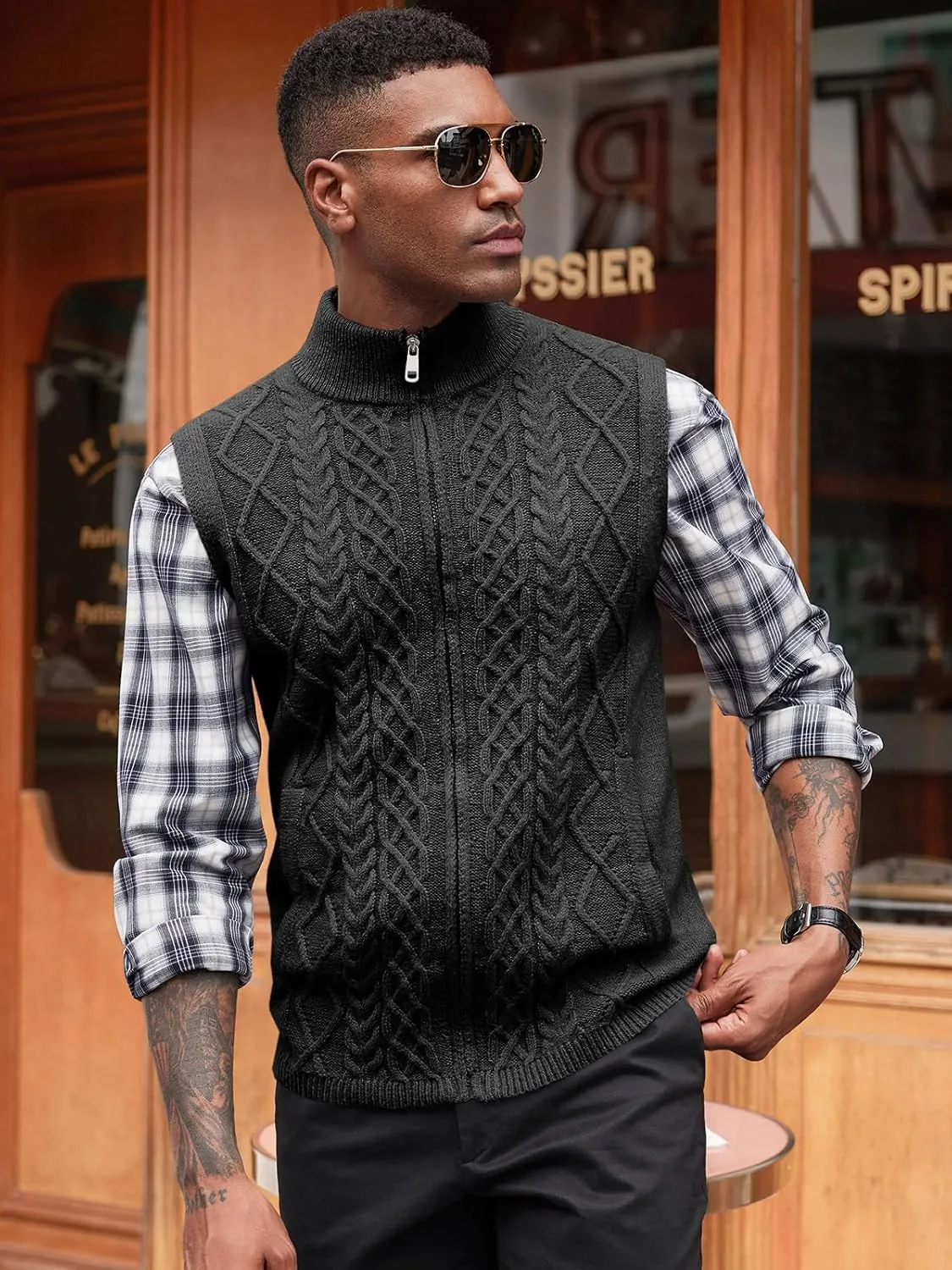 Runcati Mens Full Zip Sweater Vest Cable Knitted Cardigan Stand Collar Casual Sleeveless Sweaters