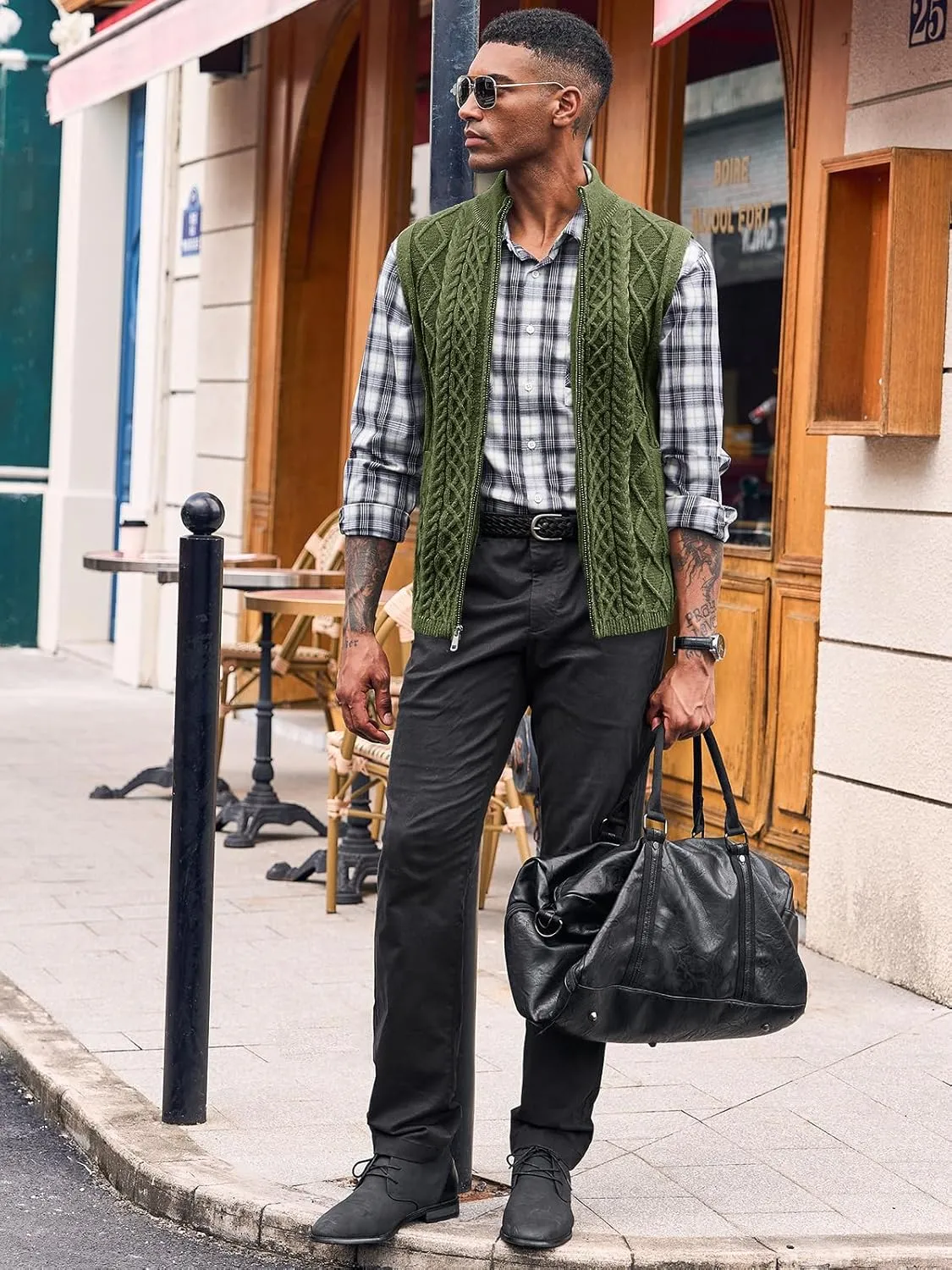Runcati Mens Full Zip Sweater Vest Cable Knitted Cardigan Stand Collar Casual Sleeveless Sweaters
