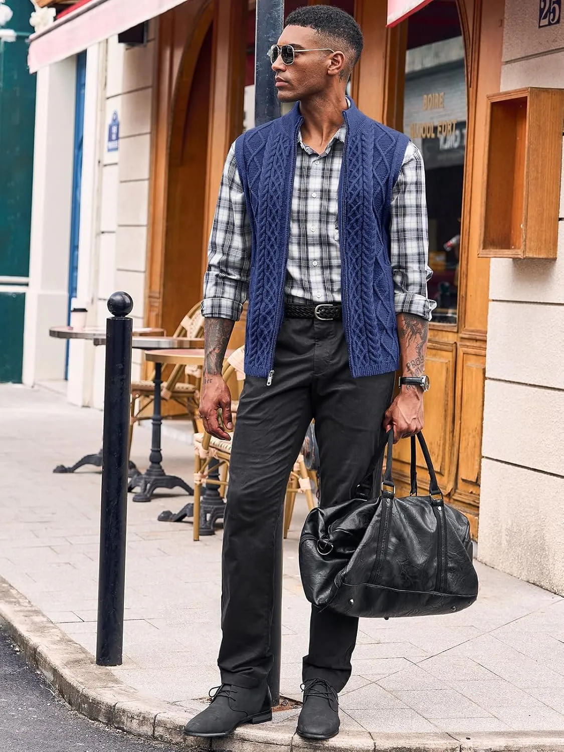 Runcati Mens Full Zip Sweater Vest Cable Knitted Cardigan Stand Collar Casual Sleeveless Sweaters