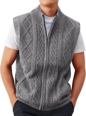 Runcati Mens Full Zip Sweater Vest Cable Knitted Cardigan Stand Collar Casual Sleeveless Sweaters