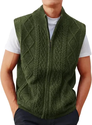 Runcati Mens Full Zip Sweater Vest Cable Knitted Cardigan Stand Collar Casual Sleeveless Sweaters