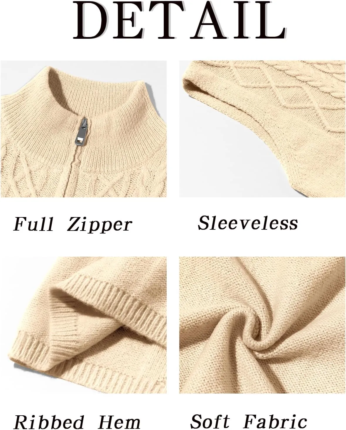 Runcati Mens Full Zip Sweater Vest Cable Knitted Cardigan Stand Collar Casual Sleeveless Sweaters
