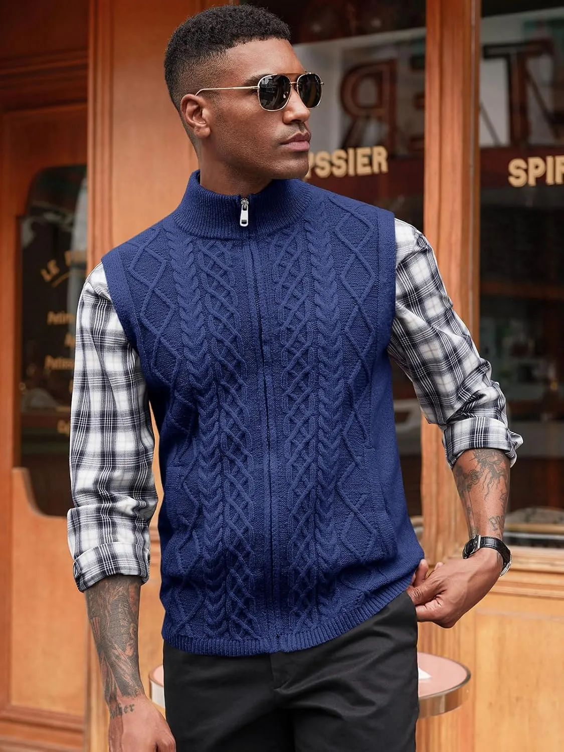 Runcati Mens Full Zip Sweater Vest Cable Knitted Cardigan Stand Collar Casual Sleeveless Sweaters