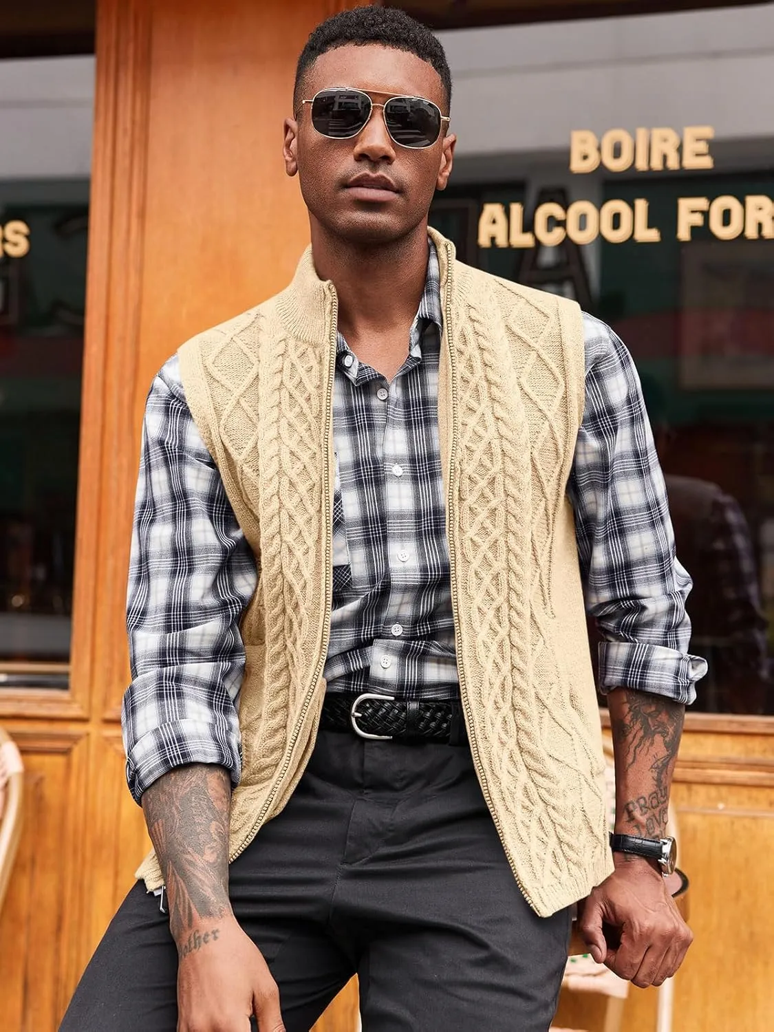 Runcati Mens Full Zip Sweater Vest Cable Knitted Cardigan Stand Collar Casual Sleeveless Sweaters