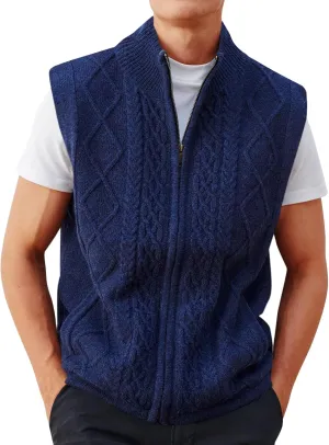 Runcati Mens Full Zip Sweater Vest Cable Knitted Cardigan Stand Collar Casual Sleeveless Sweaters