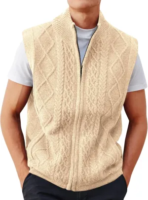 Runcati Mens Full Zip Sweater Vest Cable Knitted Cardigan Stand Collar Casual Sleeveless Sweaters