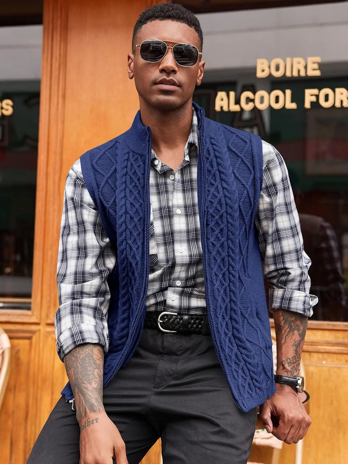 Runcati Mens Full Zip Sweater Vest Cable Knitted Cardigan Stand Collar Casual Sleeveless Sweaters