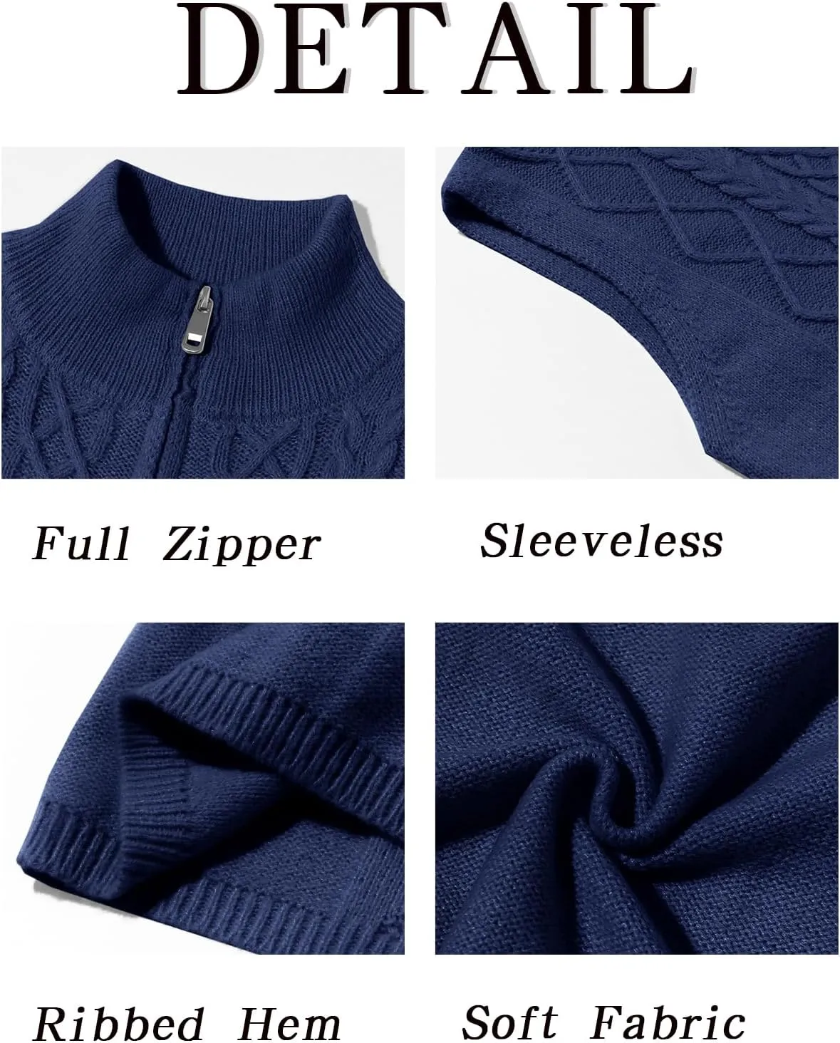 Runcati Mens Full Zip Sweater Vest Cable Knitted Cardigan Stand Collar Casual Sleeveless Sweaters
