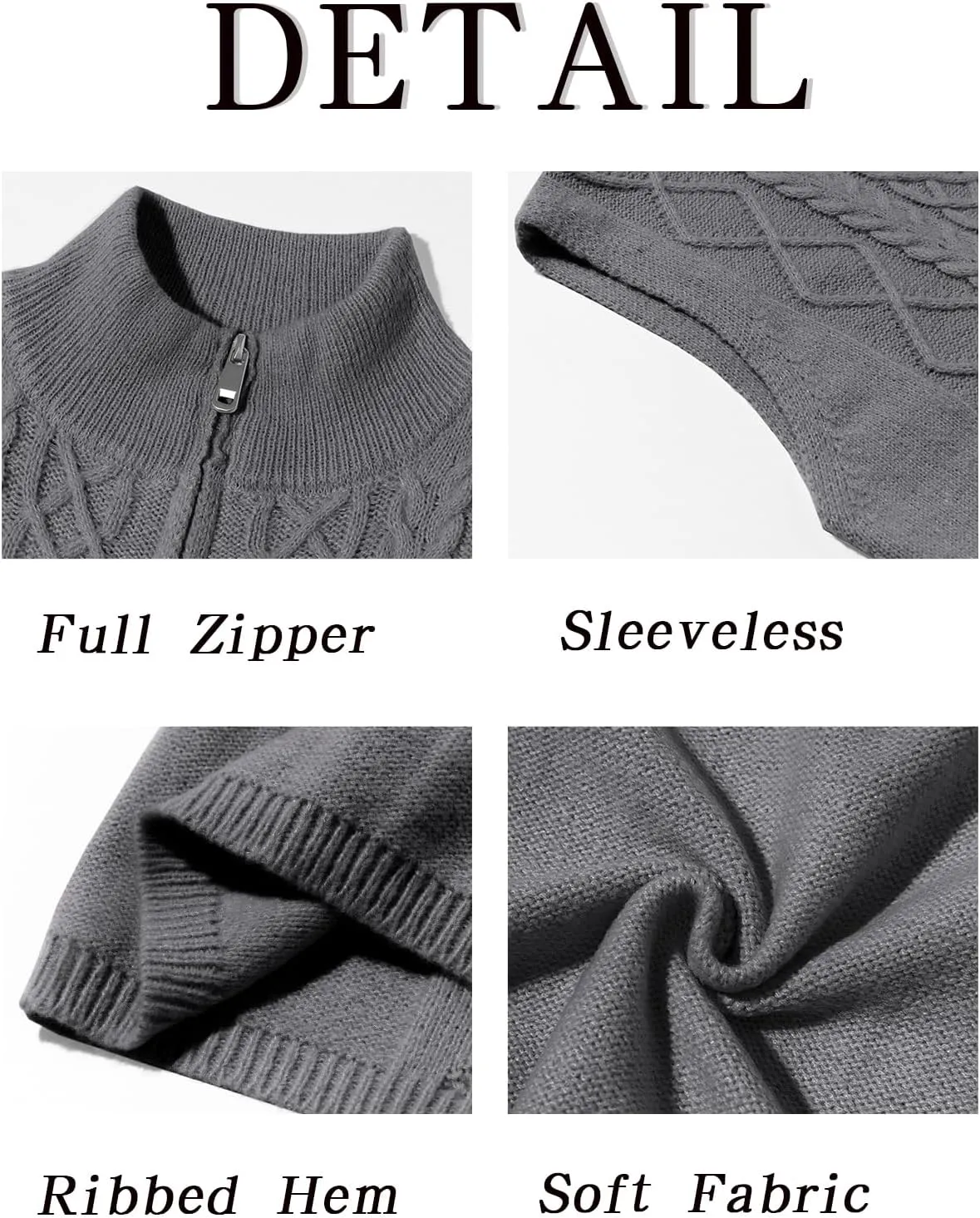Runcati Mens Full Zip Sweater Vest Cable Knitted Cardigan Stand Collar Casual Sleeveless Sweaters