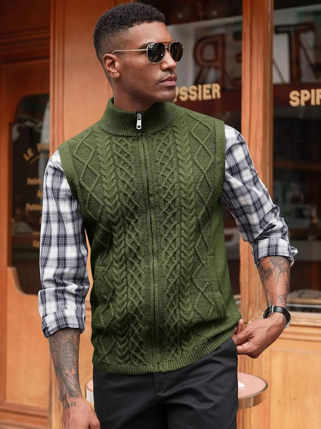 Runcati Mens Full Zip Sweater Vest Cable Knitted Cardigan Stand Collar Casual Sleeveless Sweaters