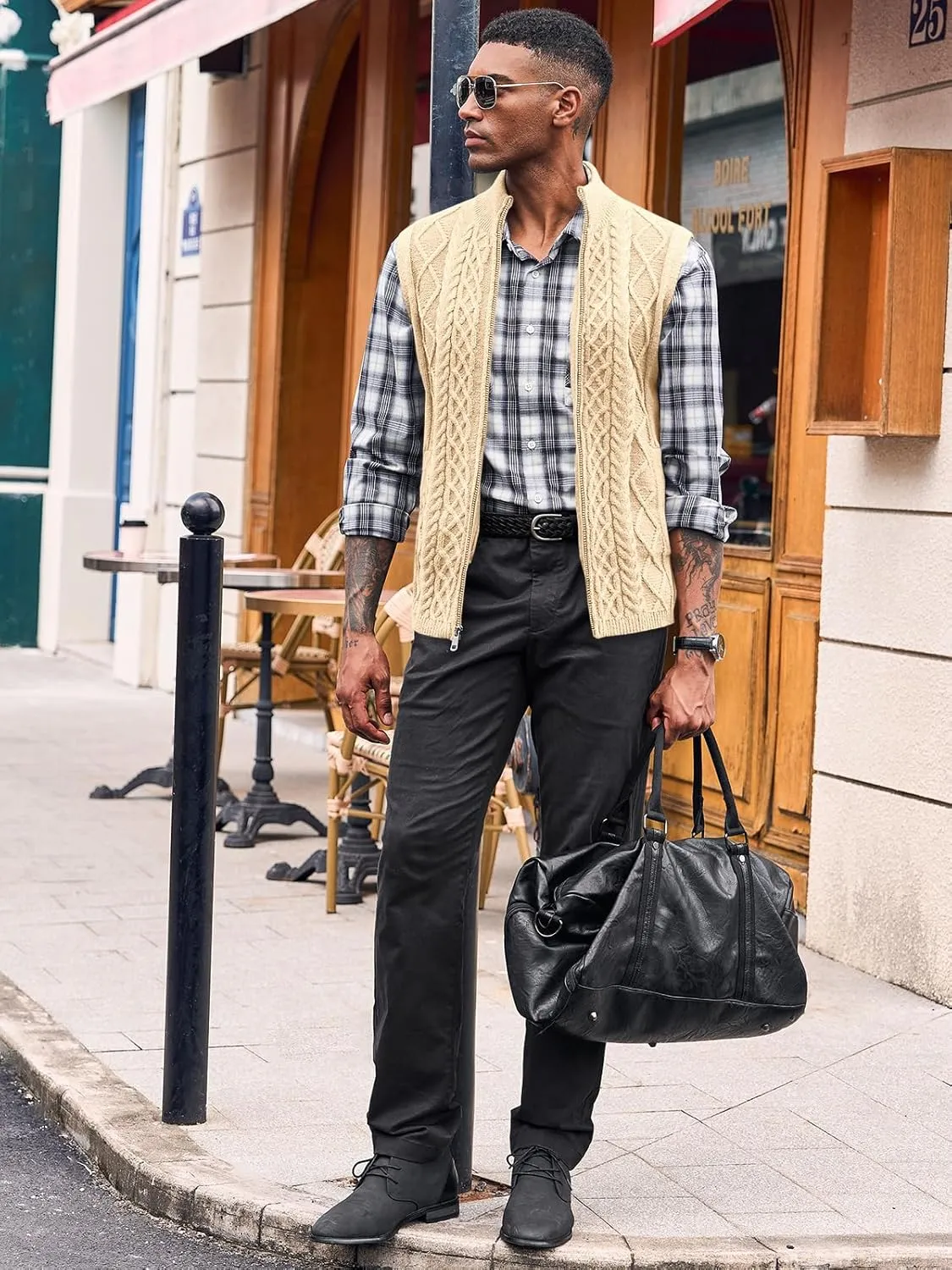 Runcati Mens Full Zip Sweater Vest Cable Knitted Cardigan Stand Collar Casual Sleeveless Sweaters
