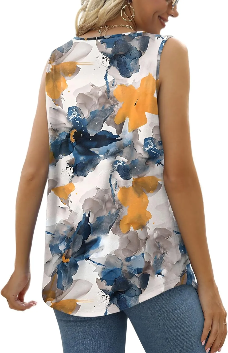 Saloogoe Summer Tank Tops for Women Loose Fit Pleated Tunics Scoop Neck Sleeveless Lace Tops Curved Hem Flowy