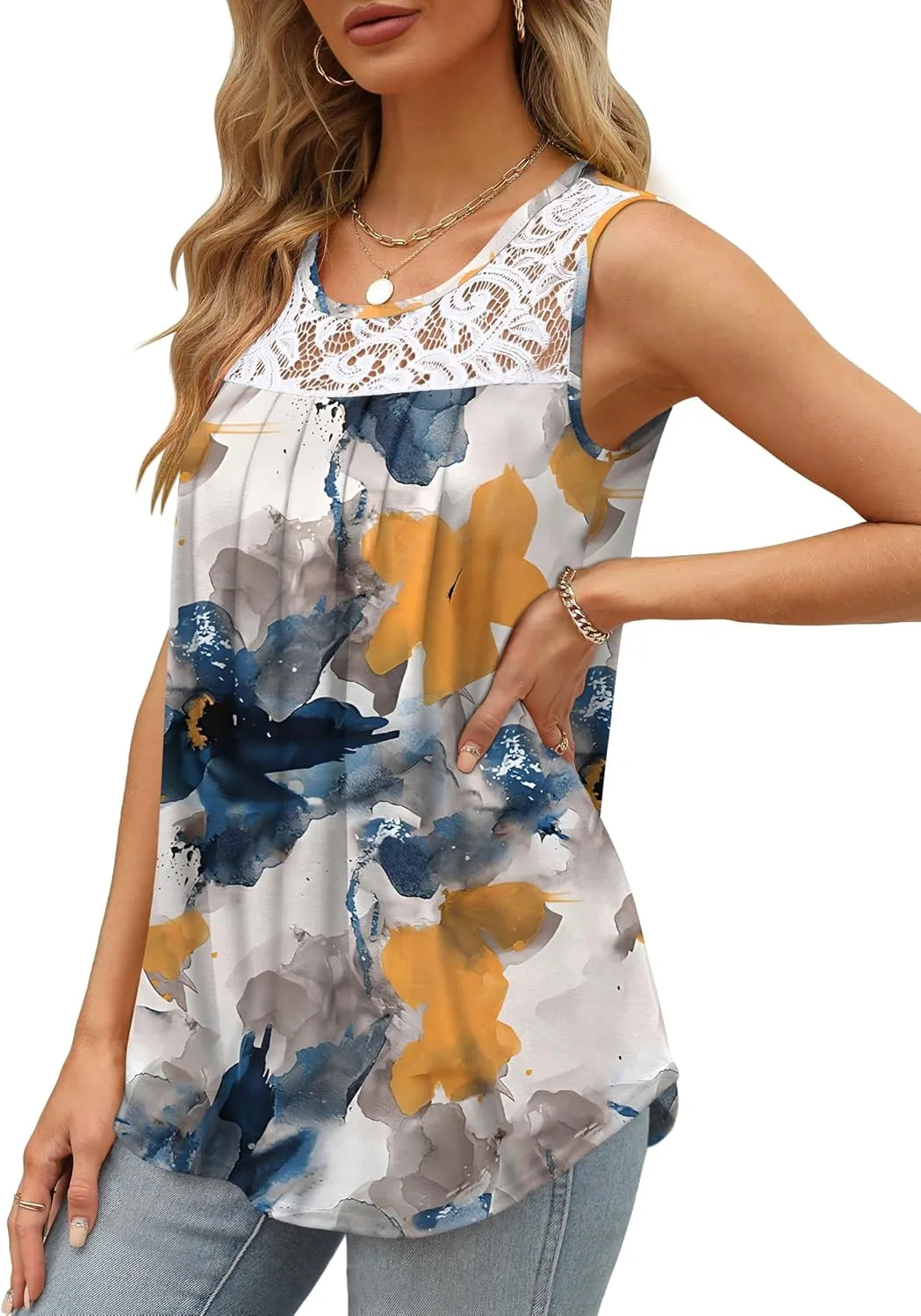 Saloogoe Summer Tank Tops for Women Loose Fit Pleated Tunics Scoop Neck Sleeveless Lace Tops Curved Hem Flowy