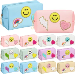 Sanwuta 12 Pcs Preppy Patch Makeup Bag Chenille Letters Cosmetic Bag Pu Leather Preppy Organizer Small Smile Lightning Heart Toiletry Pouch Portable Waterproof Storage Purse Pouch for Women Adults