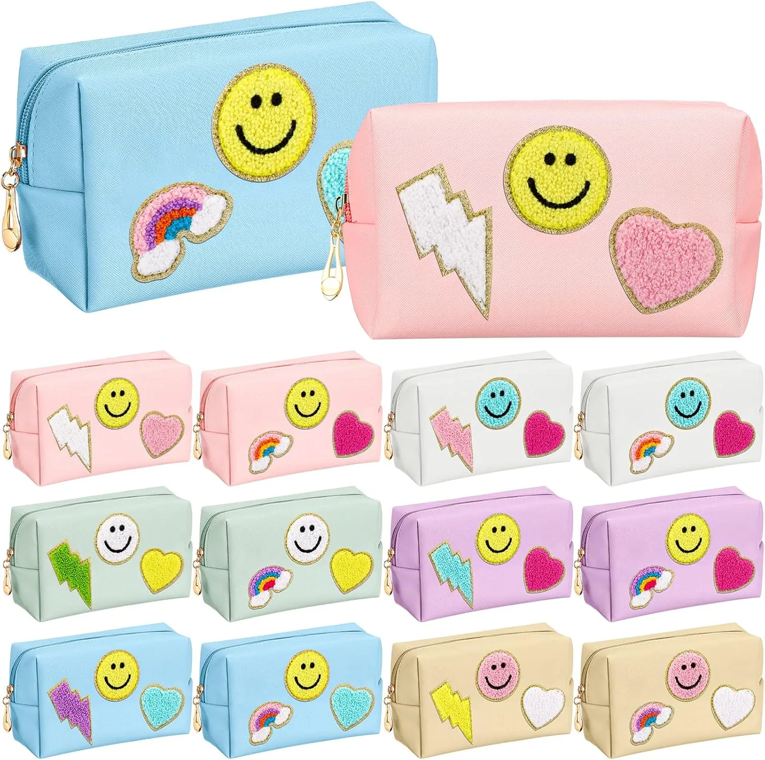 Sanwuta 12 Pcs Preppy Patch Makeup Bag Chenille Letters Cosmetic Bag Pu Leather Preppy Organizer Small Smile Lightning Heart Toiletry Pouch Portable Waterproof Storage Purse Pouch for Women Adults