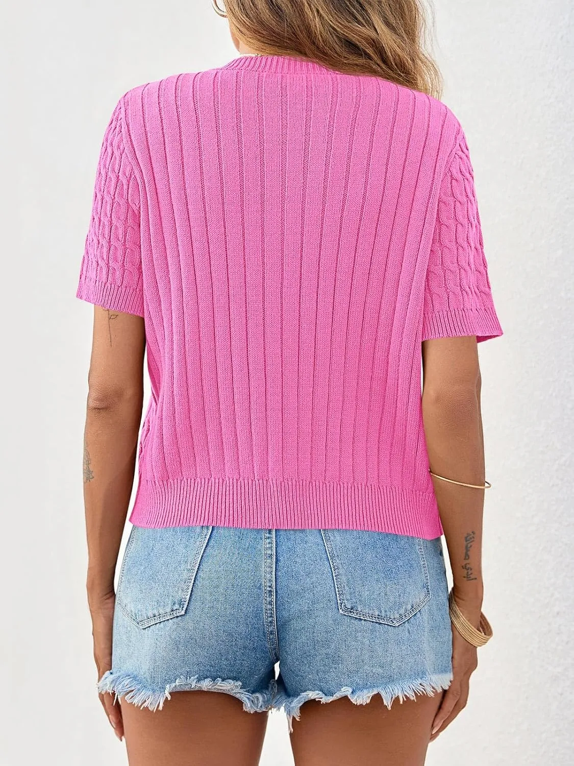 Saodimallsu Womens Summer Short Sleeve Cardigans Cable Knit Cropped Button Down Crewneck Lightweight Sweater Tops