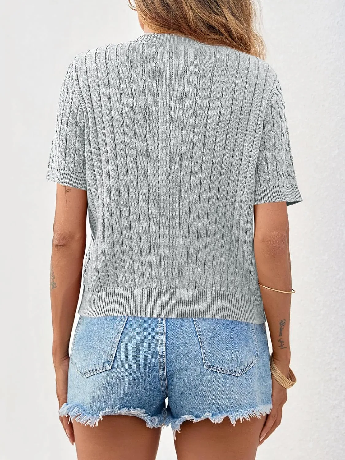 Saodimallsu Womens Summer Short Sleeve Cardigans Cable Knit Cropped Button Down Crewneck Lightweight Sweater Tops