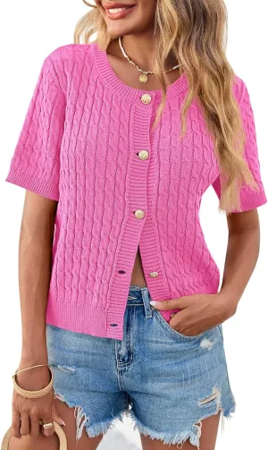 Saodimallsu Womens Summer Short Sleeve Cardigans Cable Knit Cropped Button Down Crewneck Lightweight Sweater Tops