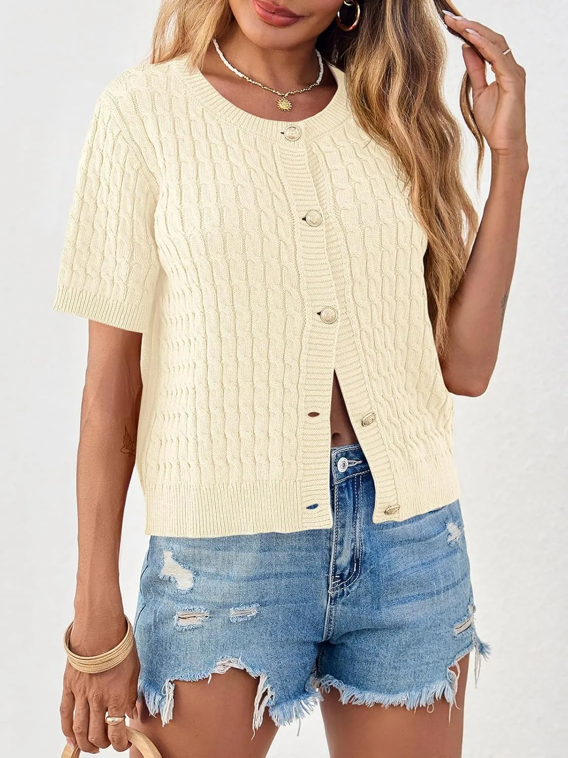 Saodimallsu Womens Summer Short Sleeve Cardigans Cable Knit Cropped Button Down Crewneck Lightweight Sweater Tops