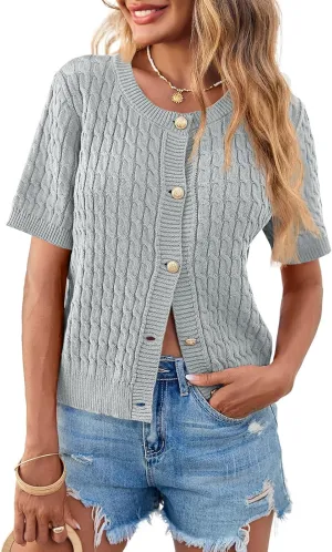 Saodimallsu Womens Summer Short Sleeve Cardigans Cable Knit Cropped Button Down Crewneck Lightweight Sweater Tops