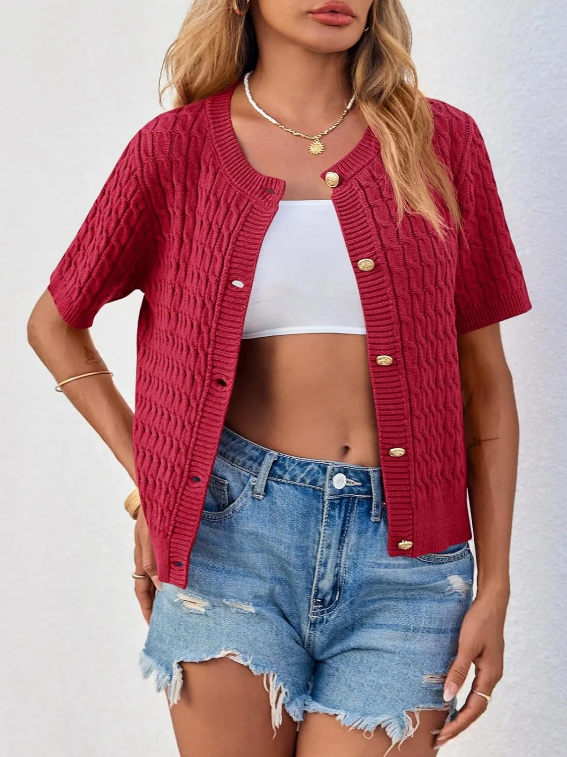 Saodimallsu Womens Summer Short Sleeve Cardigans Cable Knit Cropped Button Down Crewneck Lightweight Sweater Tops