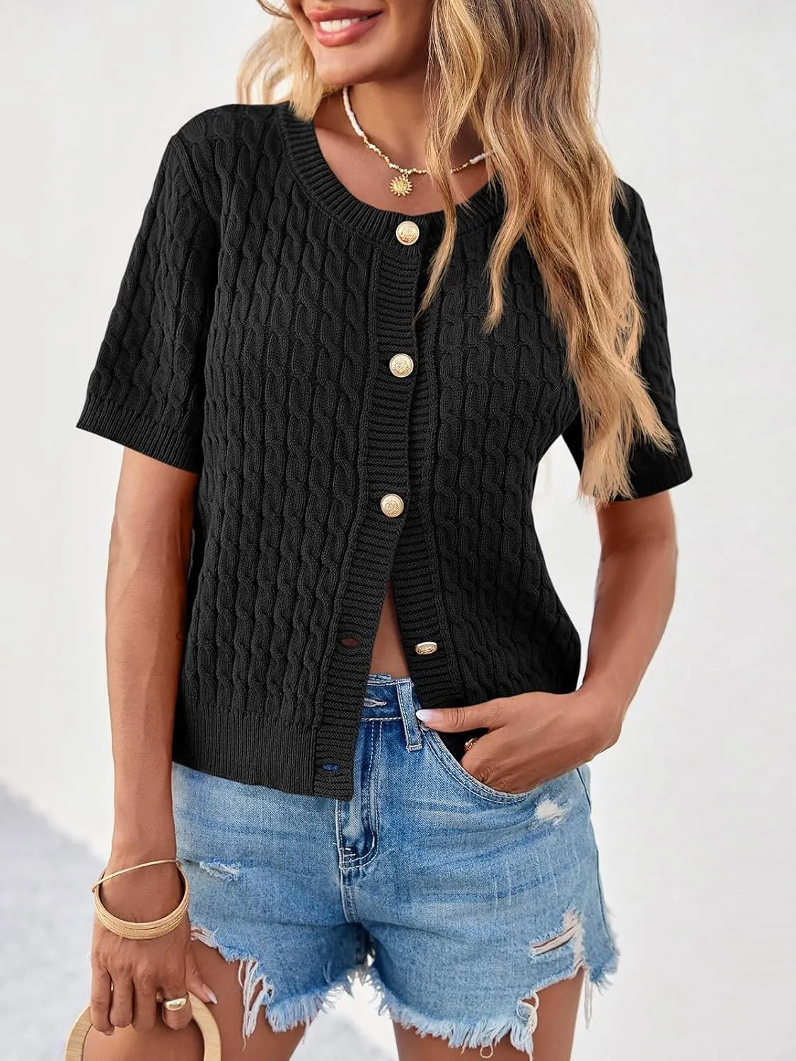 Saodimallsu Womens Summer Short Sleeve Cardigans Cable Knit Cropped Button Down Crewneck Lightweight Sweater Tops