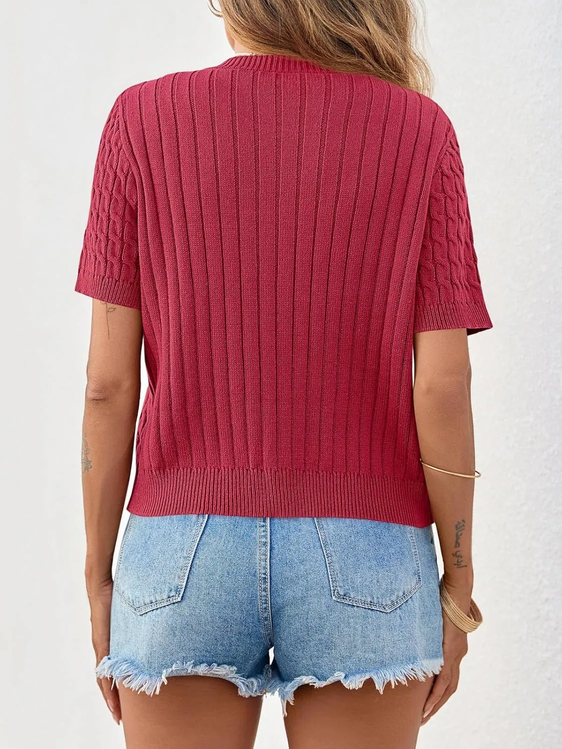 Saodimallsu Womens Summer Short Sleeve Cardigans Cable Knit Cropped Button Down Crewneck Lightweight Sweater Tops