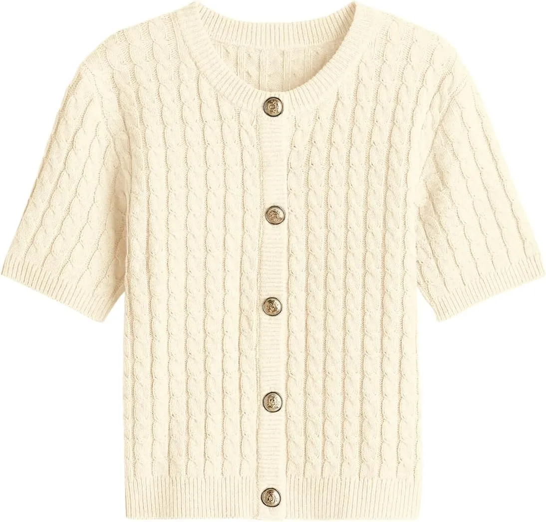 Saodimallsu Womens Summer Short Sleeve Cardigans Cable Knit Cropped Button Down Crewneck Lightweight Sweater Tops