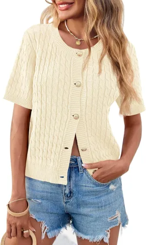 Saodimallsu Womens Summer Short Sleeve Cardigans Cable Knit Cropped Button Down Crewneck Lightweight Sweater Tops