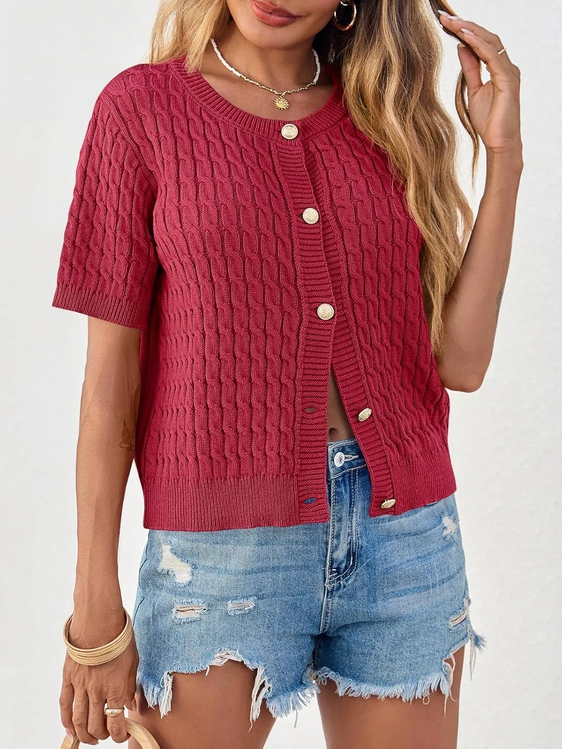 Saodimallsu Womens Summer Short Sleeve Cardigans Cable Knit Cropped Button Down Crewneck Lightweight Sweater Tops