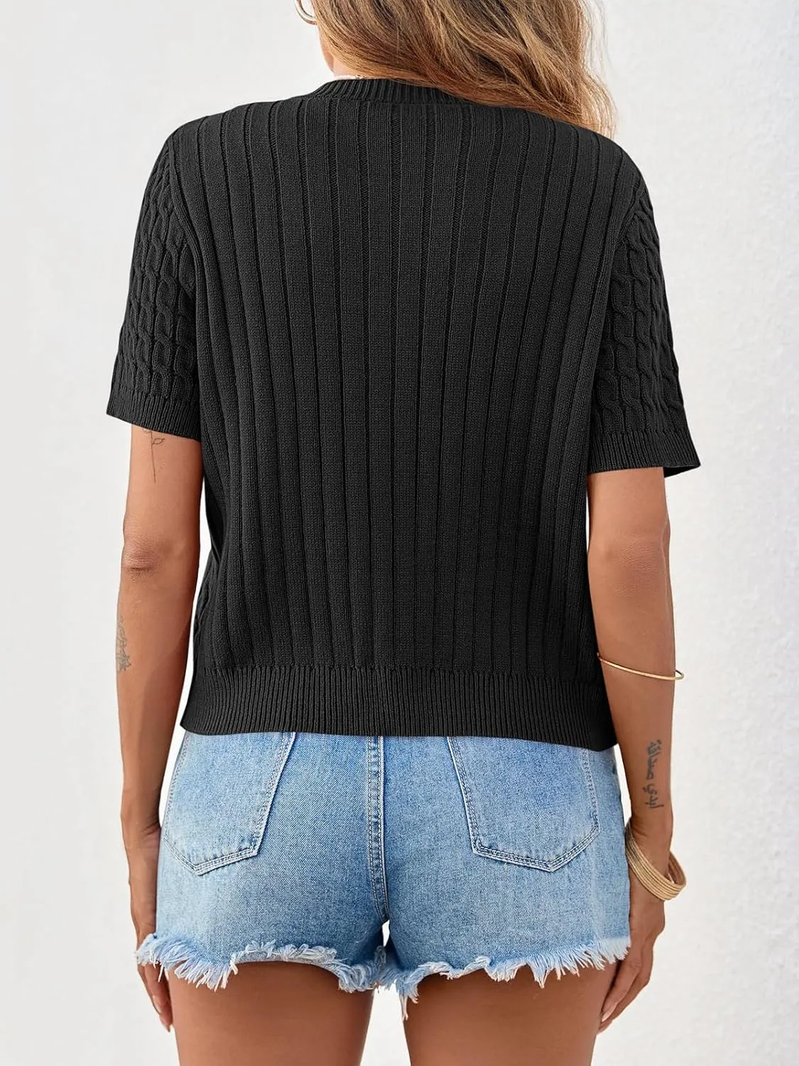 Saodimallsu Womens Summer Short Sleeve Cardigans Cable Knit Cropped Button Down Crewneck Lightweight Sweater Tops