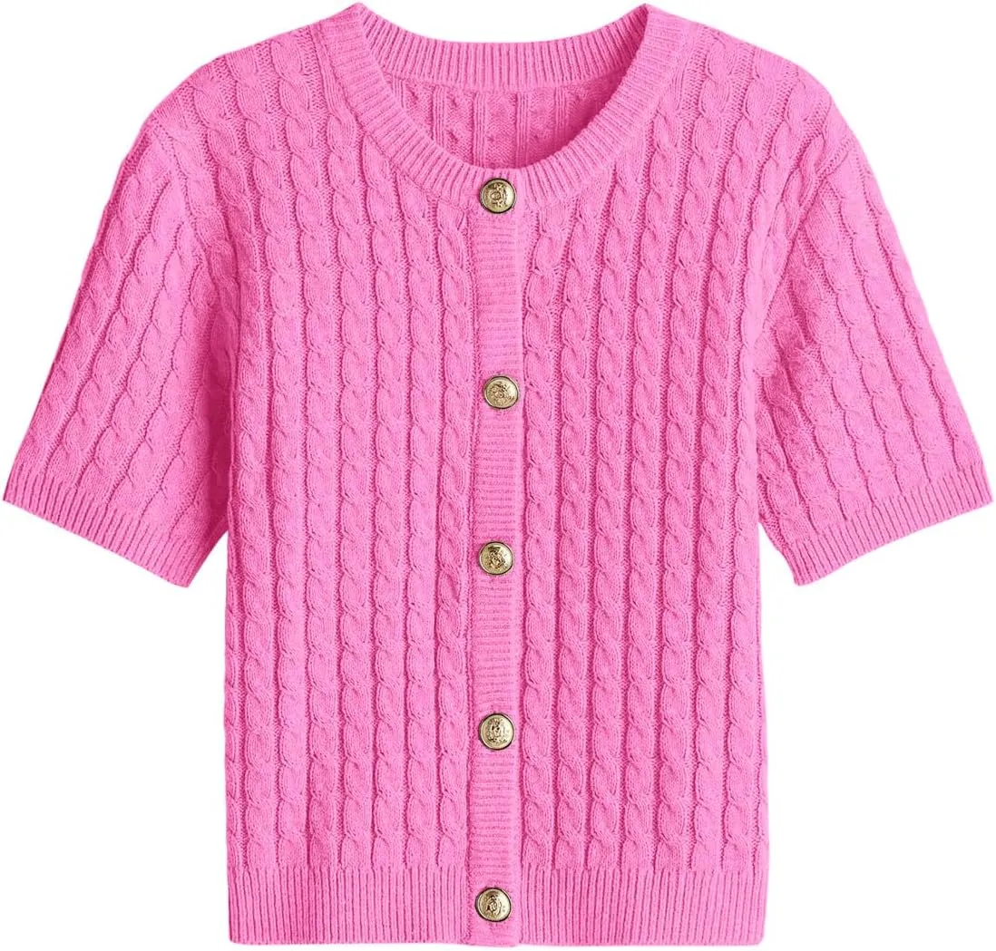 Saodimallsu Womens Summer Short Sleeve Cardigans Cable Knit Cropped Button Down Crewneck Lightweight Sweater Tops