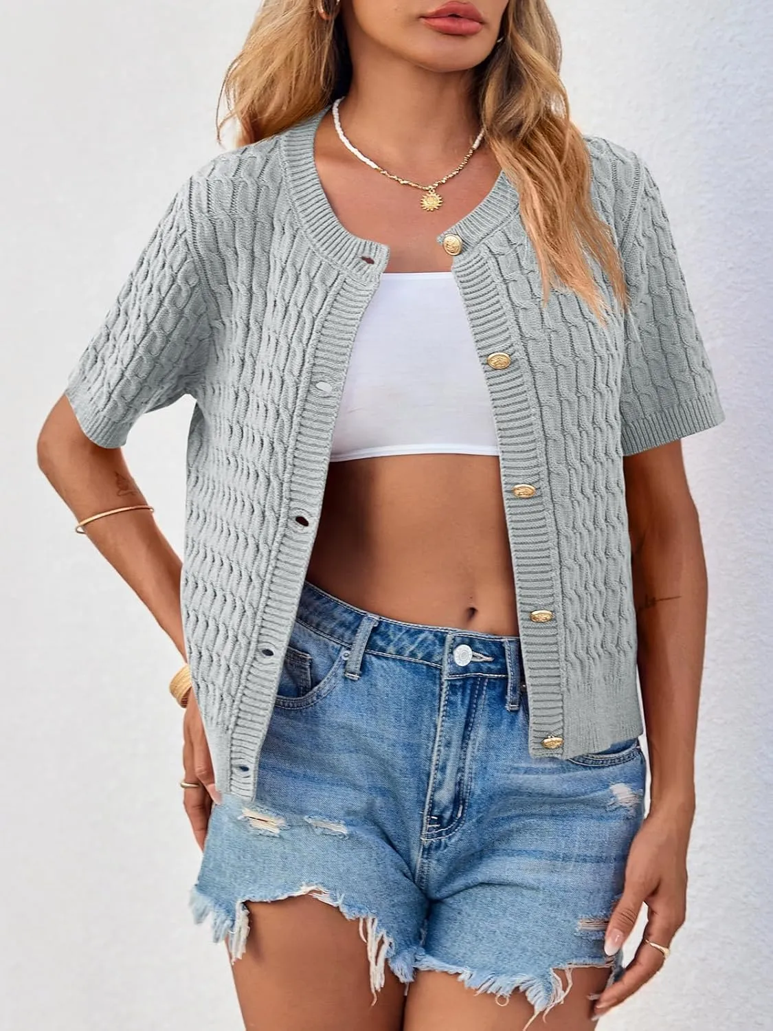 Saodimallsu Womens Summer Short Sleeve Cardigans Cable Knit Cropped Button Down Crewneck Lightweight Sweater Tops