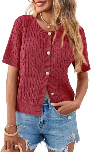 Saodimallsu Womens Summer Short Sleeve Cardigans Cable Knit Cropped Button Down Crewneck Lightweight Sweater Tops