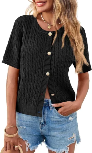 Saodimallsu Womens Summer Short Sleeve Cardigans Cable Knit Cropped Button Down Crewneck Lightweight Sweater Tops