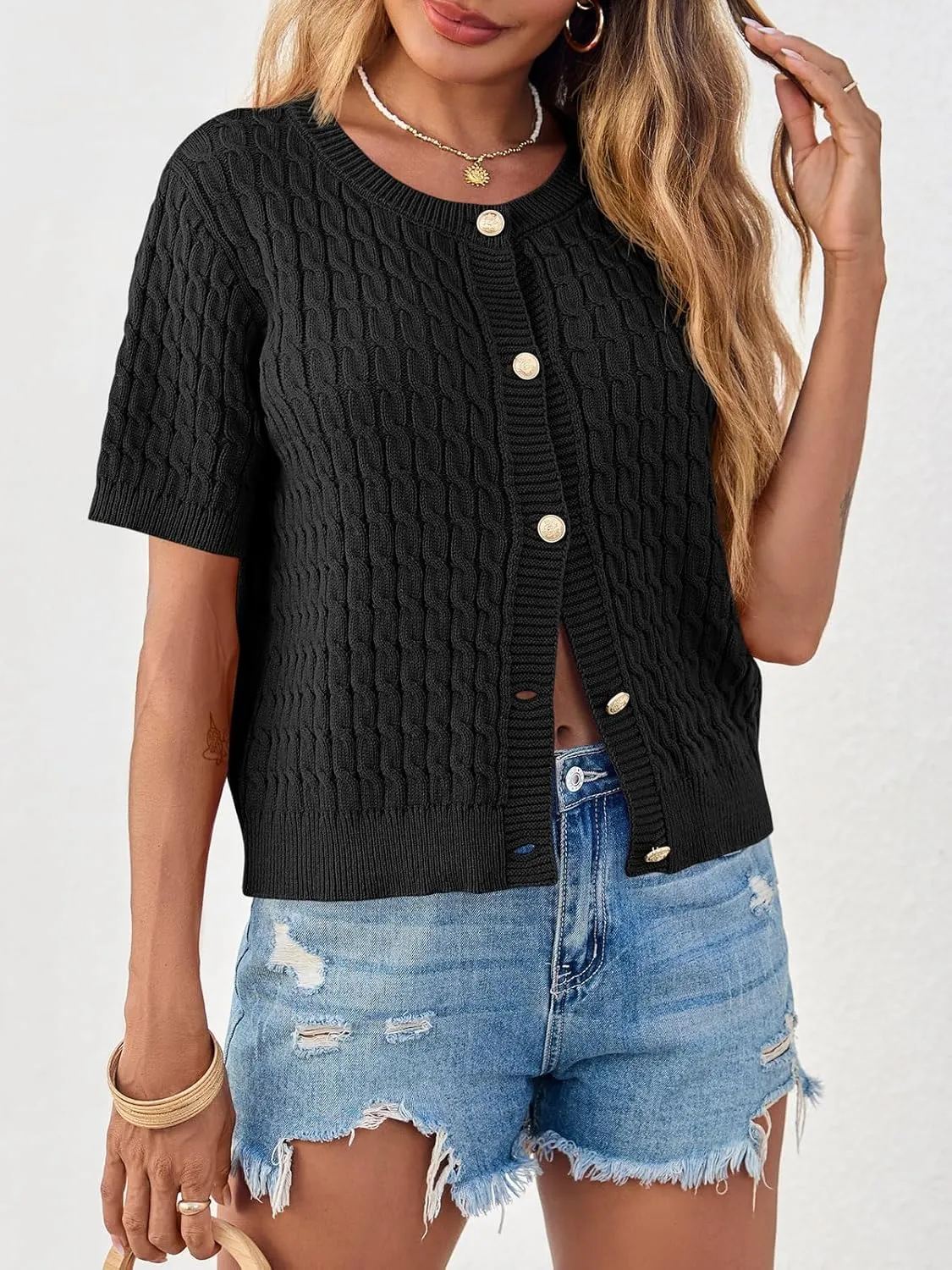 Saodimallsu Womens Summer Short Sleeve Cardigans Cable Knit Cropped Button Down Crewneck Lightweight Sweater Tops