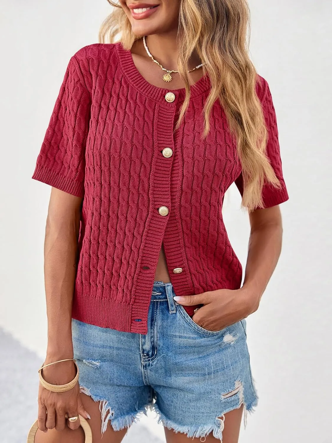 Saodimallsu Womens Summer Short Sleeve Cardigans Cable Knit Cropped Button Down Crewneck Lightweight Sweater Tops