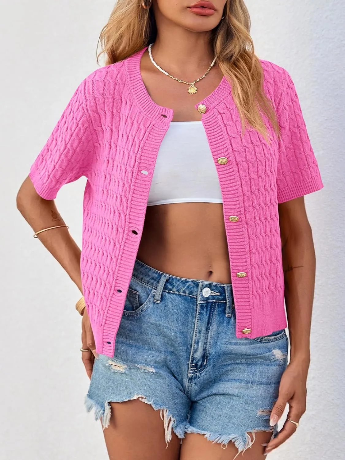 Saodimallsu Womens Summer Short Sleeve Cardigans Cable Knit Cropped Button Down Crewneck Lightweight Sweater Tops