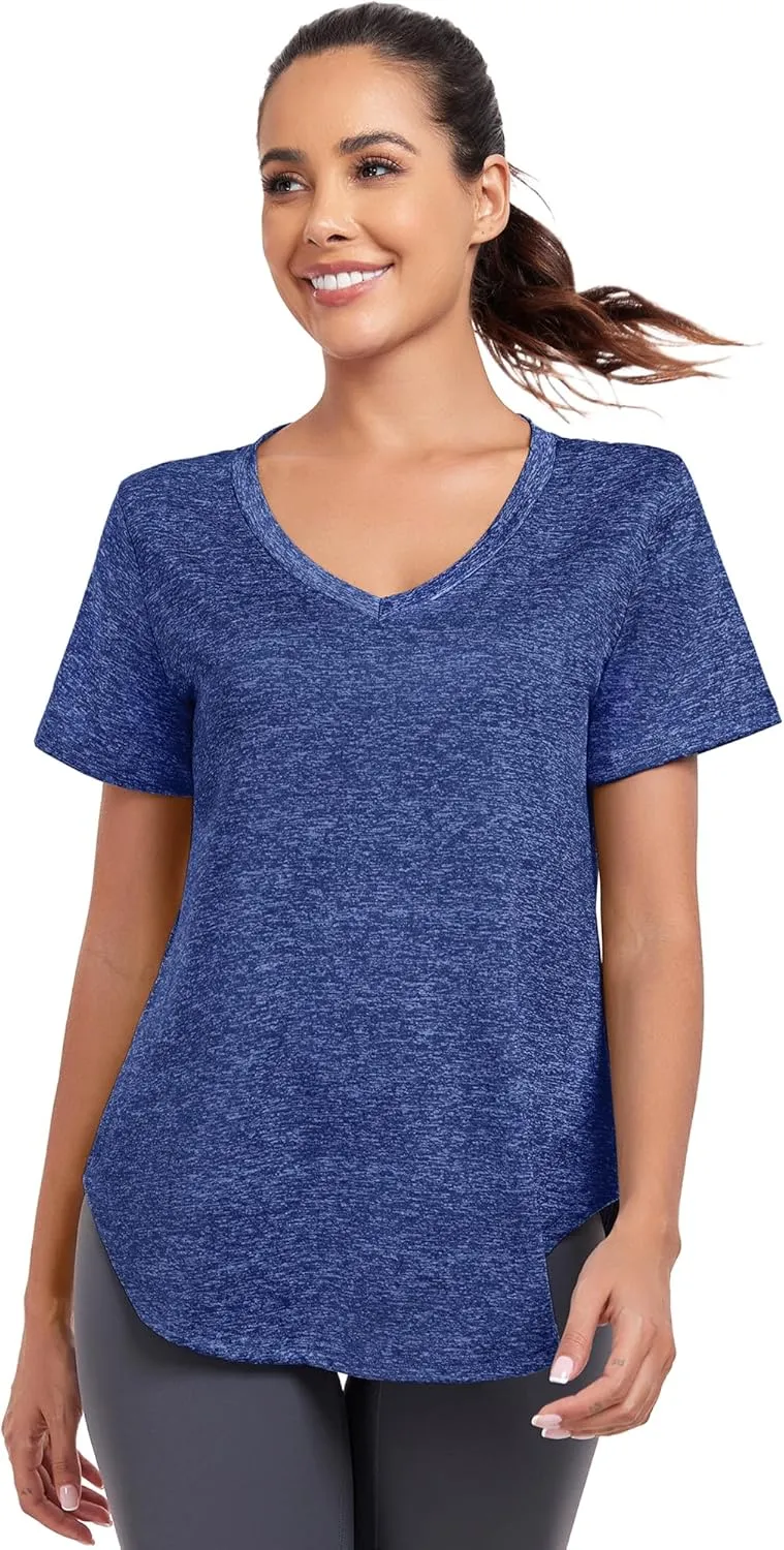 Short Sleeve Workout Shirts Women Loose Fit, V-Neck Women Exercise T-Shirt Workout Top, Dry Fit Yoga Gym Sport Tops