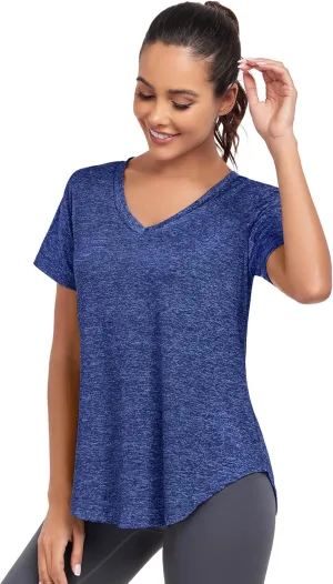 Short Sleeve Workout Shirts Women Loose Fit, V-Neck Women Exercise T-Shirt Workout Top, Dry Fit Yoga Gym Sport Tops