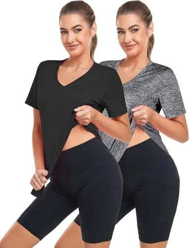 Short Sleeve Workout Shirts Women Loose Fit, V-Neck Women Exercise T-Shirt Workout Top, Dry Fit Yoga Gym Sport Tops