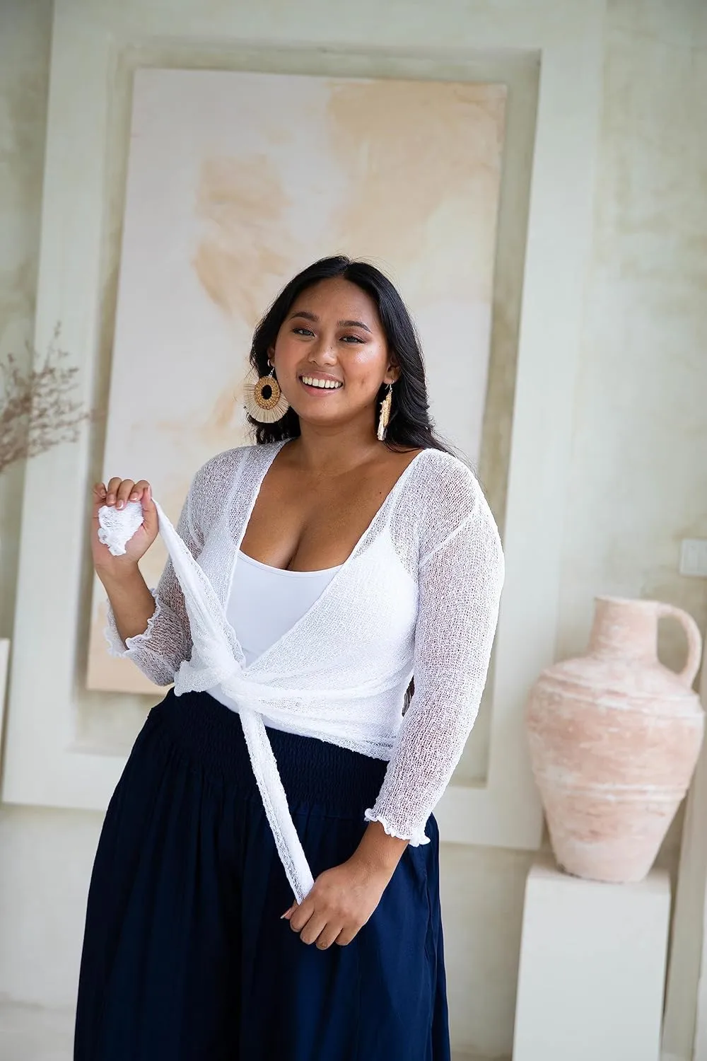 SHU-SHI Womens Plus Size Sheer Shrug Tie Top Open Front Cardigan Lightweight Knit Bolero XL 2X 3X 4X