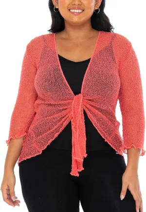 SHU-SHI Womens Plus Size Sheer Shrug Tie Top Open Front Cardigan Lightweight Knit Bolero XL 2X 3X 4X