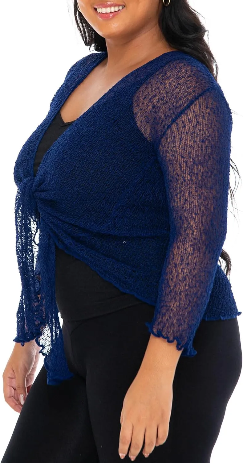 SHU-SHI Womens Plus Size Sheer Shrug Tie Top Open Front Cardigan Lightweight Knit Bolero XL 2X 3X 4X