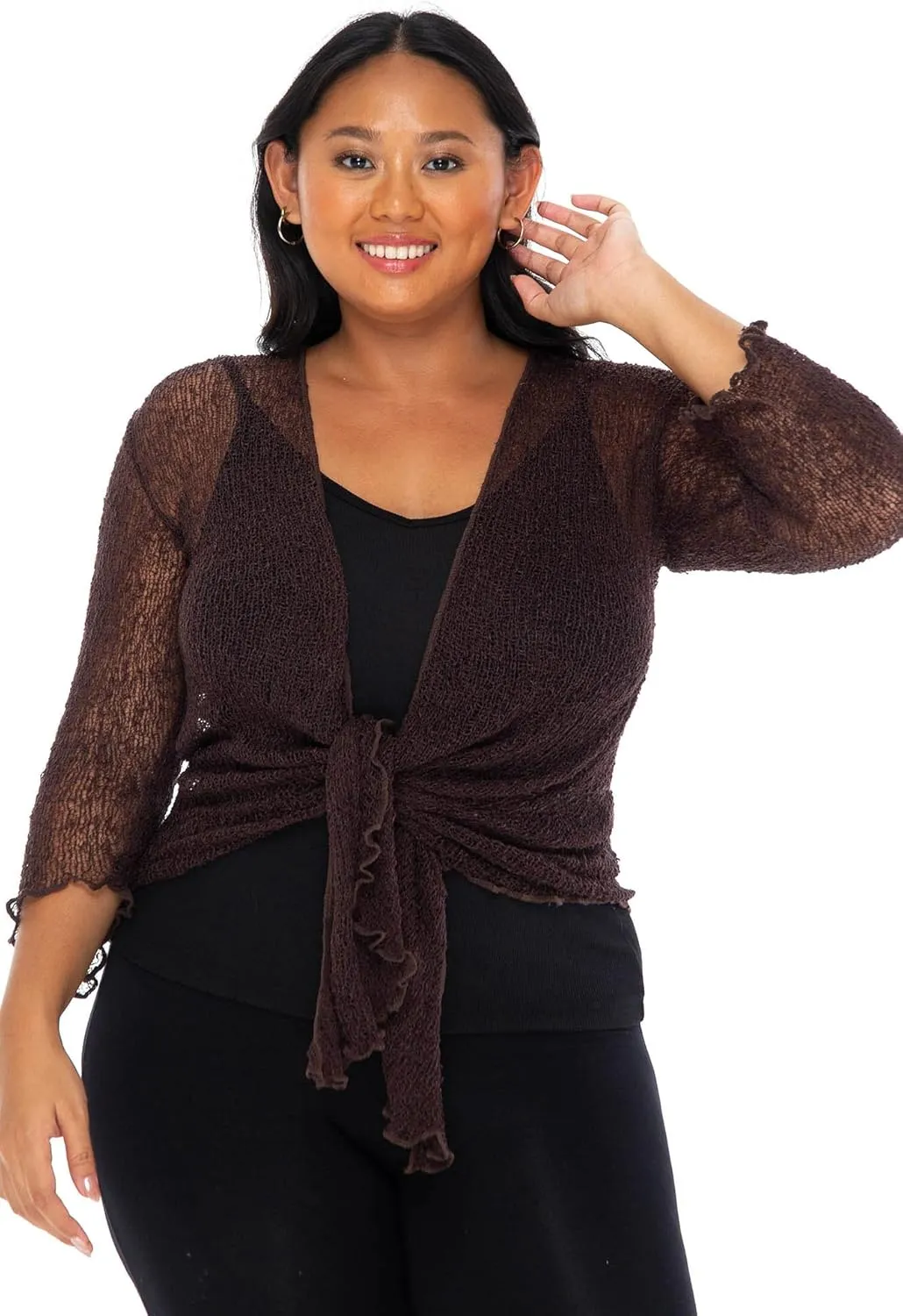 SHU-SHI Womens Plus Size Sheer Shrug Tie Top Open Front Cardigan Lightweight Knit Bolero XL 2X 3X 4X
