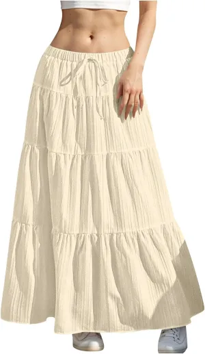 Skirt for Women Maxi Long Bodycon Vacation Boho Pleated Low Rise Basic Skirts Women 2025