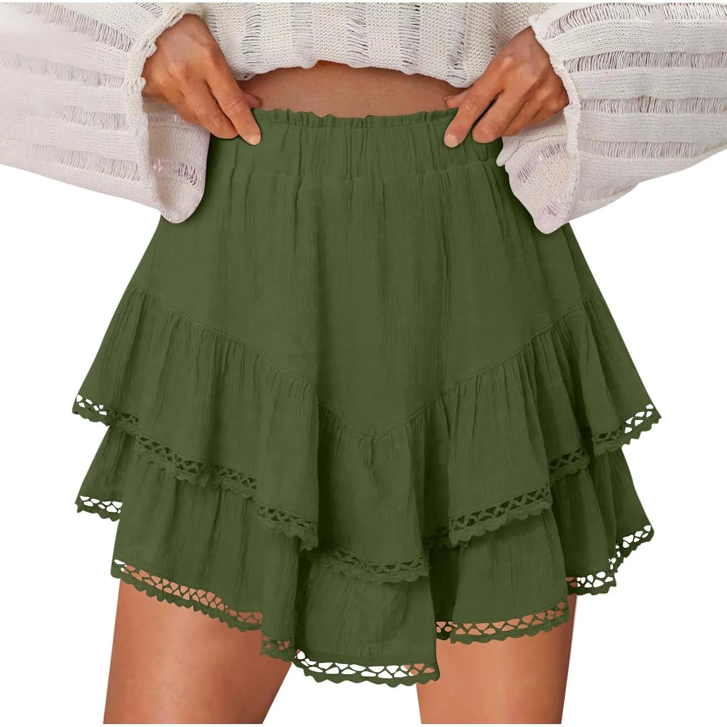 Skorts for Women Dressy Casual Ruffle Tiered Athletic Shorts Elastic High Waist Mini Skirts Cute Boho Beach Outfits