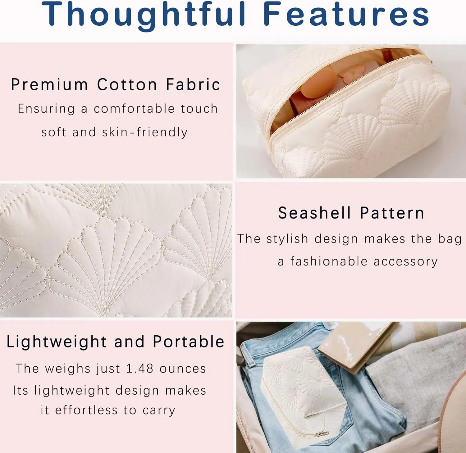 Small Quilted Cotton Coquette Makeup bag, White Coastal Granddaughter Aesthetic Cosmetic Bag, Cute Seashell Portable Travel Toiletry Pouch (07Small White)